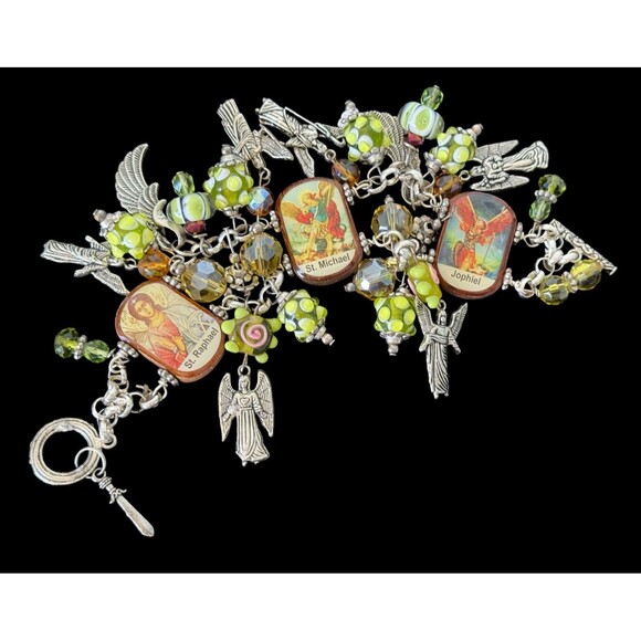 Vintage Religious Charm Chunky Bracelet – Archangels & Saint Icons – Glass Beads - Picture 3 of 14